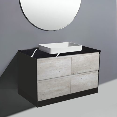 Fienza Amato Industrial With Satin Black Panels On Kick Vanity With Stone Top & Semi-Inset Basin