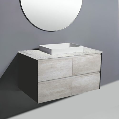 Fienza Amato Industrial With Satin Black Panels Wall Hung Vanity With Solid Surface Top & Semi-Inset Basin