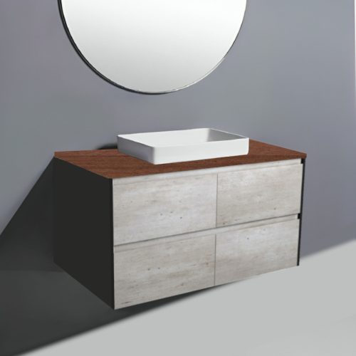 Fienza Amato Industrial With Satin Black Panels Wall Hung Vanity With Hardwood Top & Semi-Inset Basin
