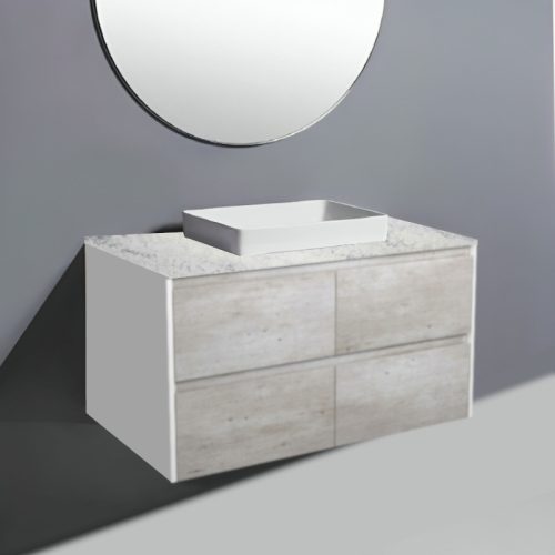 Fienza Amato Industrial With Satin White Panels Wall Hung Vanity With Solid Surface Top & Semi-Inset Basin
