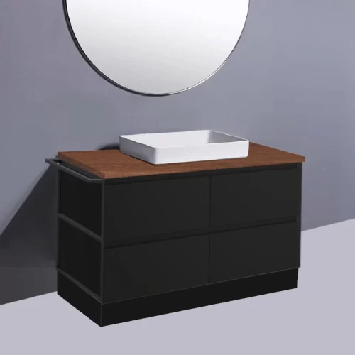 Fienza Amato Satin Black With 1 Frame & 1 Towel Rail On Kick Vanity With Hardwood Top & Semi-Inset Basin