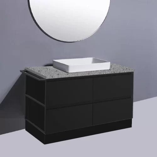 Fienza Amato Satin Black With 1 Frame & 1 Towel Rail On Kick Vanity With Solid Top & Semi-Inset Basin