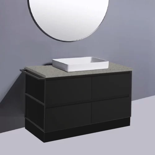 Fienza Amato Satin Black With 1 Frame & 1 Towel Rail On Kick Vanity With Stone Top & Semi-Inset Basin