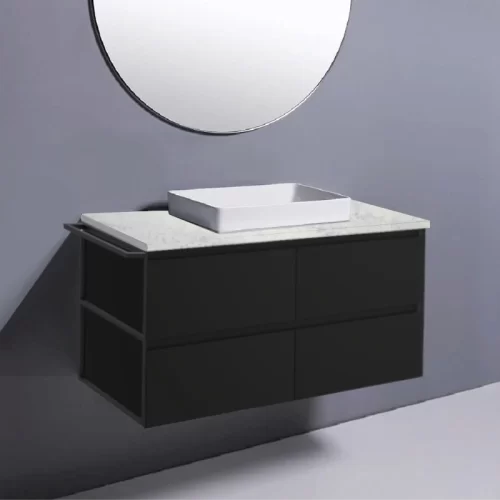 Fienza Amato Satin Black With 1 Frame & 1 Towel Rail Wall Hung Vanity With Solid Top & Semi-Inset Basin