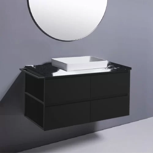Fienza Amato Satin Black With 1 Frame & 1 Towel Rail Wall Hung Vanity With Stone Top & Semi-Inset Basin