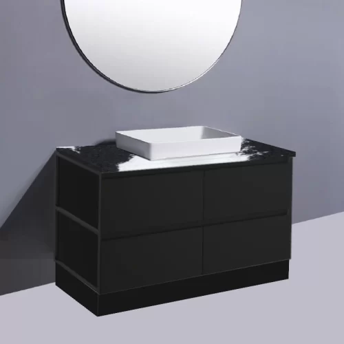 Fienza Amato Satin Black With Black Frames On Kick Vanity With Stone Top & Semi-Inset Basin