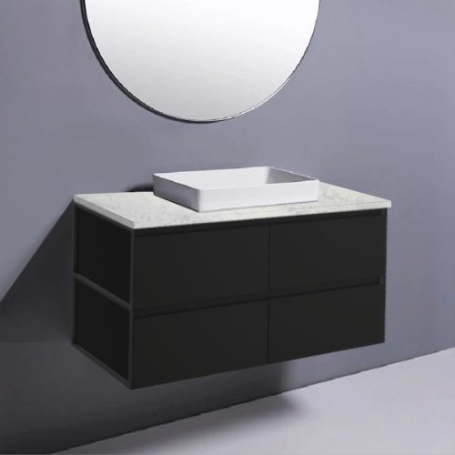 Fienza Amato Satin Black With Black Frames Wall Hung Vanity With Solid Top & Semi-Inset Basin