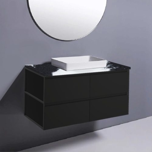 Fienza Amato Satin Black With Black Frames Wall Hung Vanity With Stone Top & Semi-Inset Basin