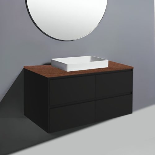 Fienza Amato Satin Black With Black Panels Wall Hung Vanity With Hardwood Top & Semi-Inset Basin