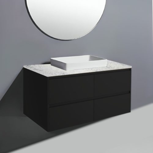 Fienza Amato Satin Black With Black Panels Wall Hung Vanity With Solid Surface Top & Semi-Inset Basin