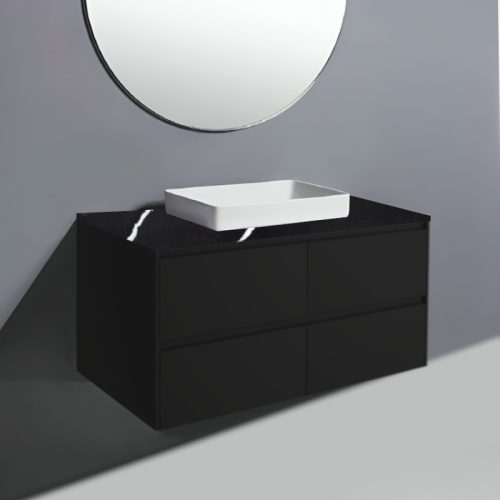 Fienza Amato Satin Black With Black Panels Wall Hung Vanity With Stone Top & Semi-Inset Basin