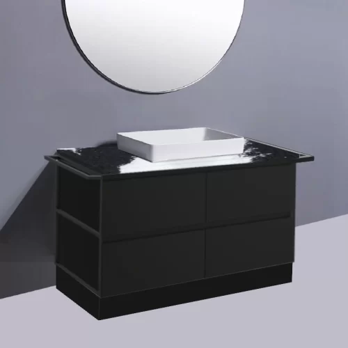 Fienza Amato Satin Black With Frame & Towel Rail On Kick Vanity With Stone Top & Semi-Inset Basin