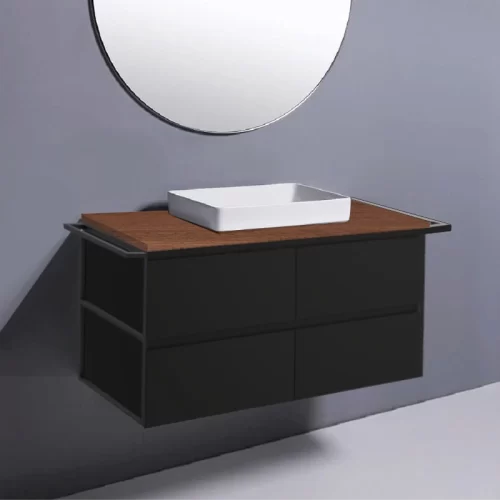 Fienza Amato Satin Black With Frame & Towel Rail Wall Hung Vanity With Hardwood Top & Semi-Inset Basin