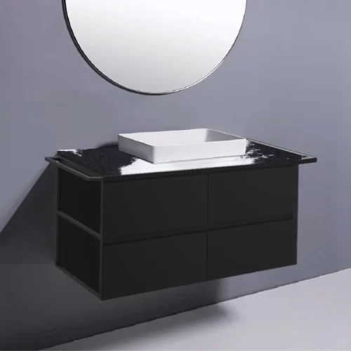 Fienza Amato Satin Black With Frame & Towel Rail Wall Hung Vanity With Stone Top & Semi-Inset Basin