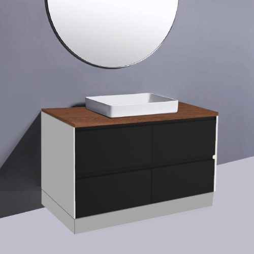 Fienza Amato Satin Black With White Panels On Kick Vanity With Hardwood Top & Semi-Inset Basin