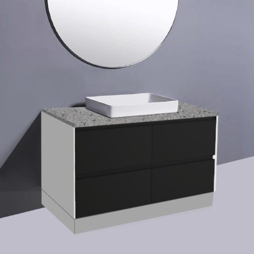 Fienza Amato Satin Black With White Panels On Kick Vanity With Solid Top & Semi-Inset Basin