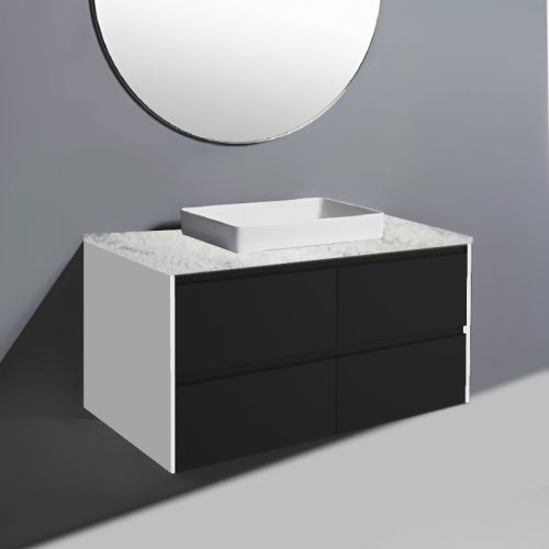 Fienza Amato Satin Black With White Panels Wall Hung Vanity With Solid Surface Top & Semi-Inset Basin