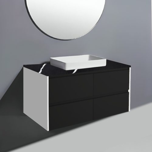 Fienza Amato Satin Black With White Panels Wall Hung Vanity With Stone Top & Semi-Inset Basin
