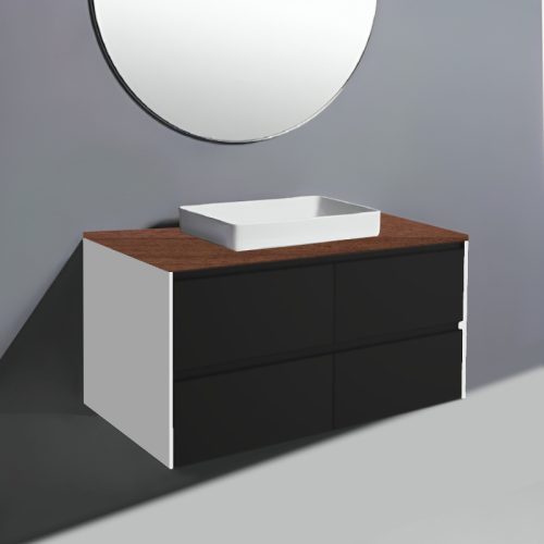 Fienza Amato Satin Black With White Panels Wall Hung Vanity With Hardwood Top & Semi-Inset Basin