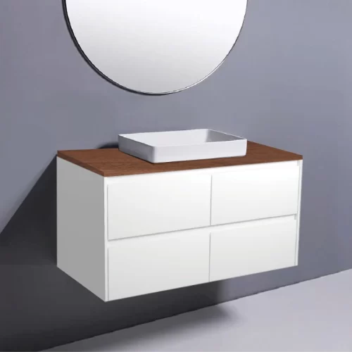 Fienza Amato Satin White Wall Hung Vanity With Hardwood Top & Semi-Inset Basin - Copy