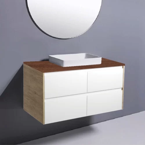 Fienza Amato Satin White With Scandi Oak Panels Wall Hung Vanity With Hardwood Top & Semi-Inset Basin