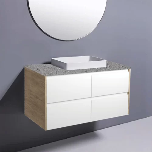 Fienza Amato Satin White With Scandi Oak Panels Wall Hung Vanity With Solid Top & Semi-Inset Basin