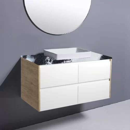 Fienza Amato Satin White With Scandi Oak Panels Wall Hung Vanity With Stone Top & Semi-Inset Basin
