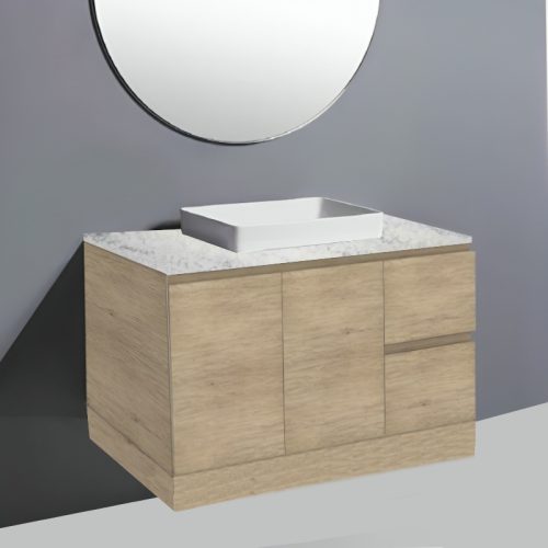 Fienza Edge Scandi Oak on kick Vanity With Solid Top & Semi-Inset Basin