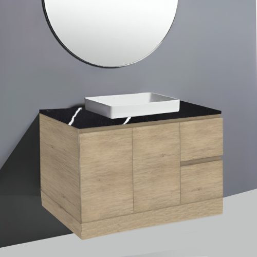 Fienza Edge Scandi Oak on kick Vanity With Stone Top & Semi-Inset Basin