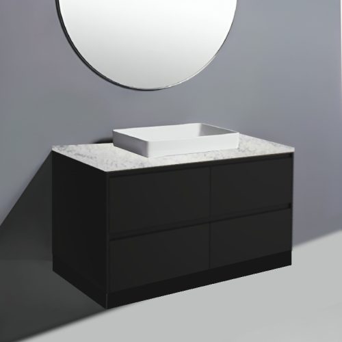 Fienza Amato Satin Black With Black Panels On Kick Vanity With Solid Surface Top & Semi-Inset Basin