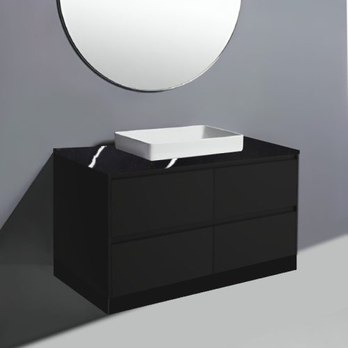 Fienza Amato Satin Black With Black Panels On Kick Vanity With Stone Top & Semi-Inset Basin