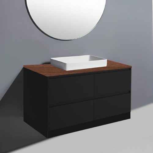 Fienza Amato Satin Black With Black Panels On Kick Vanity With Hardwood Top & Semi-Inset Basin