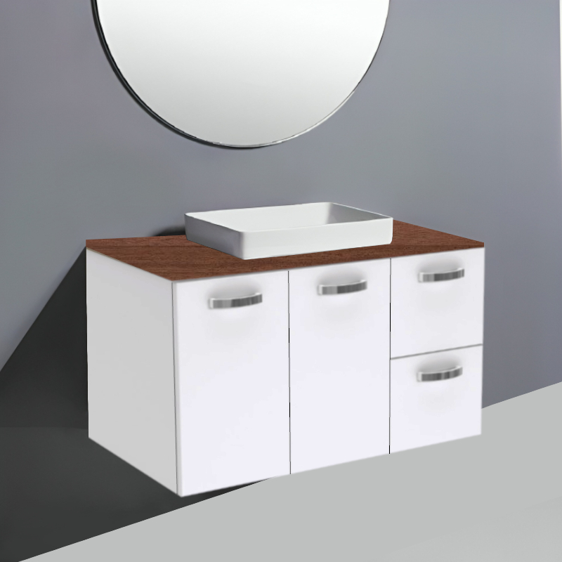 Fienza Unicab Gloss White Wall Hung Vanity With timber Top & Semi-Inset Basin