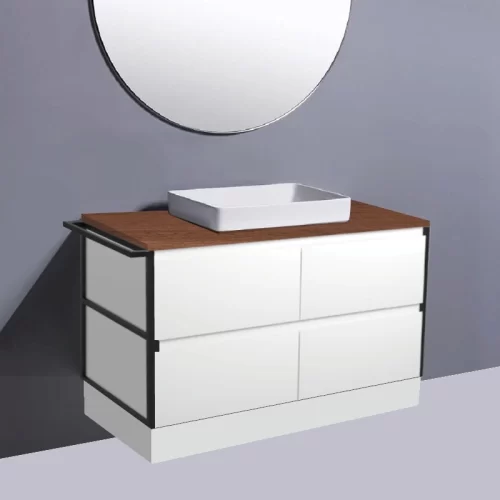Fienza Amato Satin White With 1 Frame & Towel Rail On Kick Vanity With Hardwood Top & Semi-Inset Basin
