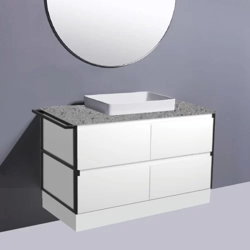 Fienza Amato Satin White With 1 Frame & Towel Rail On Kick Vanity With Solid Top & Semi-Inset Basin