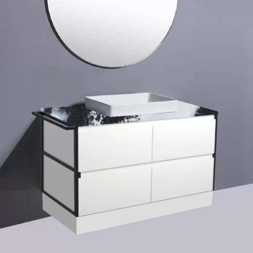 Fienza Amato Satin White With 1 Frame & Towel Rail On Kick Vanity With Stone Top & Semi-Inset Basin
