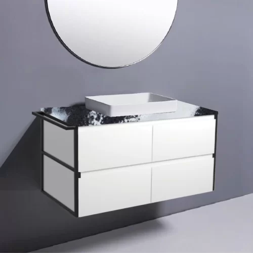 Fienza Amato Satin White With 1 Frame & Towel Rail Wall Hung Vanity With Stone Top & Semi-Inset Basin