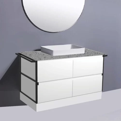 Fienza Amato Satin White With Double Frames & Towel Rail On Kick Vanity With Solid Surface Top & Semi-Inset Basin