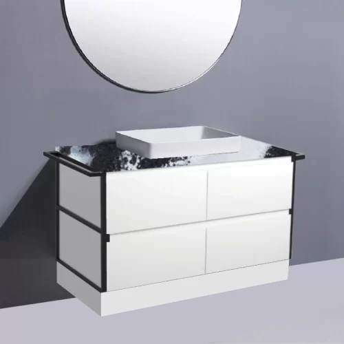 Fienza Amato Satin White With Double Frames & Towel Rail On Kick Vanity With Stone Top & Semi-Inset Basin