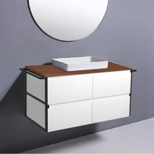 Fienza Amato Satin White With Double Frames & Towel Rail Wall Hung Vanity With Hardwood Top & Semi-Inset Basin