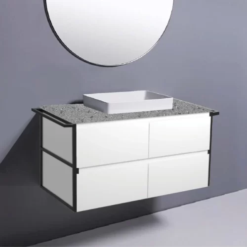 Fienza Amato Satin White With Double Frames & Towel Rail Wall Hung Vanity With Solid Top & Semi-Inset Basin