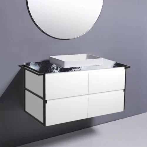 Fienza Amato Satin White With Double Frames & Towel Rail Wall Hung Vanity With Stone Top & Semi-Inset Basin