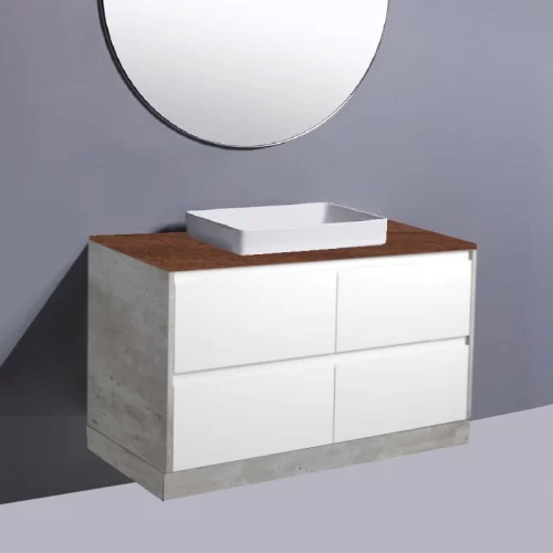 Fienza Amato Satin White With Industrial Panels On Kick Vanity With Hardwood Top & Semi-Inset Basin