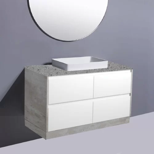 Fienza Amato Satin White With Industrial Panels On Kick Vanity With Solid Top & Semi-Inset Basin