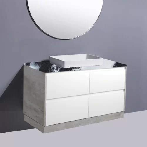 Fienza Amato Satin White With Industrial Panels On Kick Vanity With Stone Top & Semi-Inset Basin