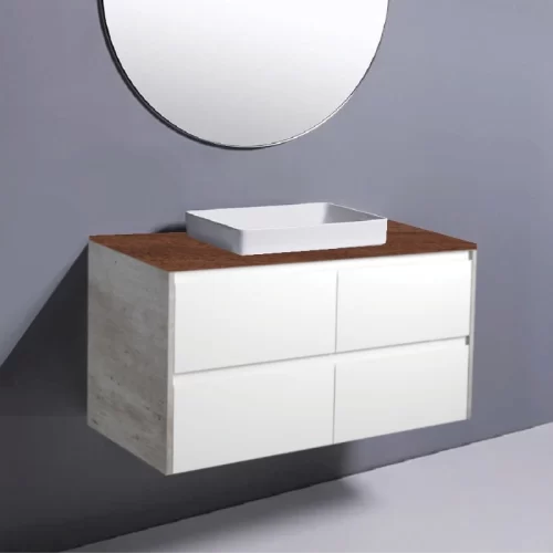 Fienza Amato Satin White With Industrial Panels Wall Hung Vanity With Hardwood Top & Semi-Inset Basin