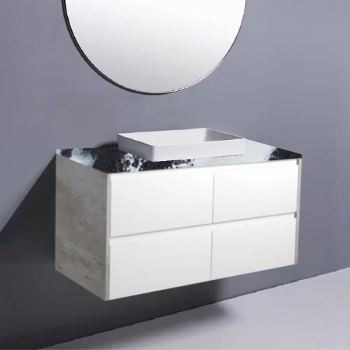 Fienza Amato Satin White With Industrial Panels Wall Hung Vanity With Stone Top & Semi-Inset Basin