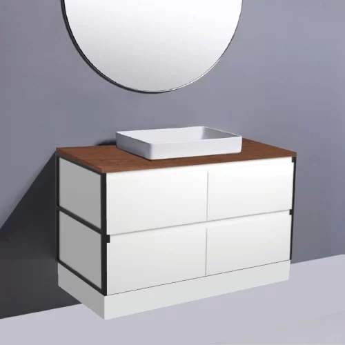 Fienza Amato Satin White With Matte Black Frames On Kick Vanity With Hardwood Top & Semi-Inset Basin
