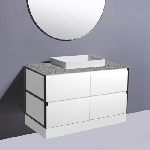 Fienza Amato Satin White With Matte Black Frames On Kick Vanity With Solid Top & Semi-Inset Basin