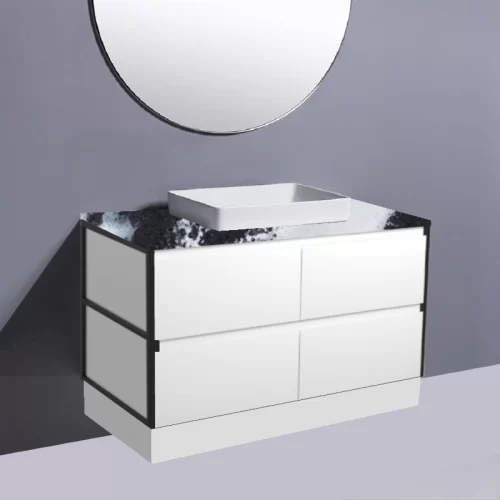 Fienza Amato Satin White With Matte Black Frames On Kick Vanity With Stone Top & Semi-Inset Basin
